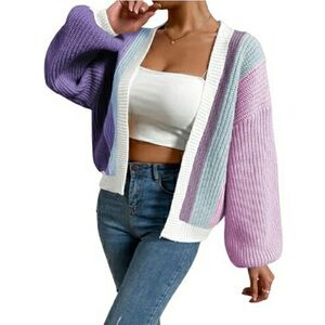 Women's Open Front Long Sleeve Ribbed Knit Cropped Cardigan Sweater Purple Blue